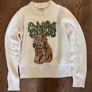Ganni Cream & White Sweater with rabbit Graphic